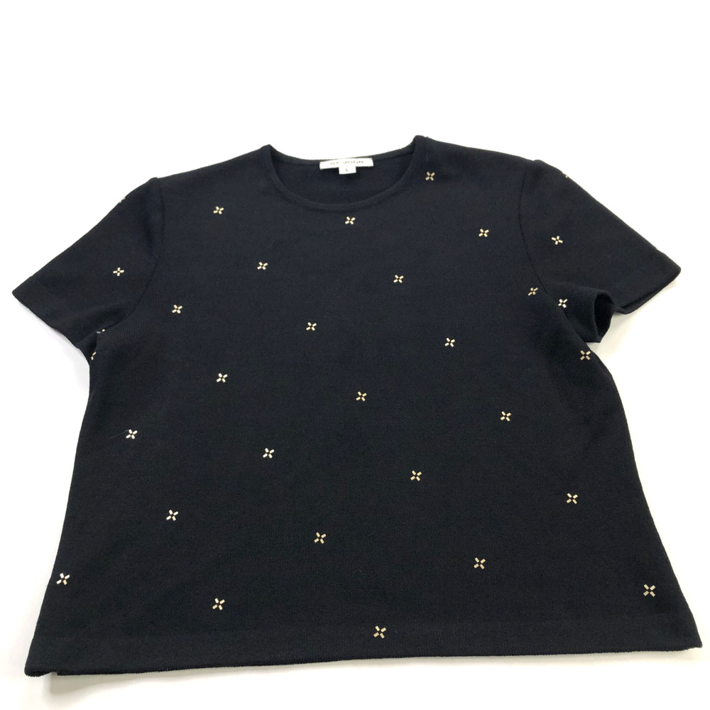 St. John Wool Rayon Knit Short Sleeve Pullover Top Blouse Shirt Black Gold Detai